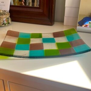 Vintage Mid Century Modern Fused Glass serving tray, multicolored.